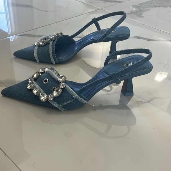Zara Blue Denim Women's Heels with Crystal Embellishments - Picture 3 of 7